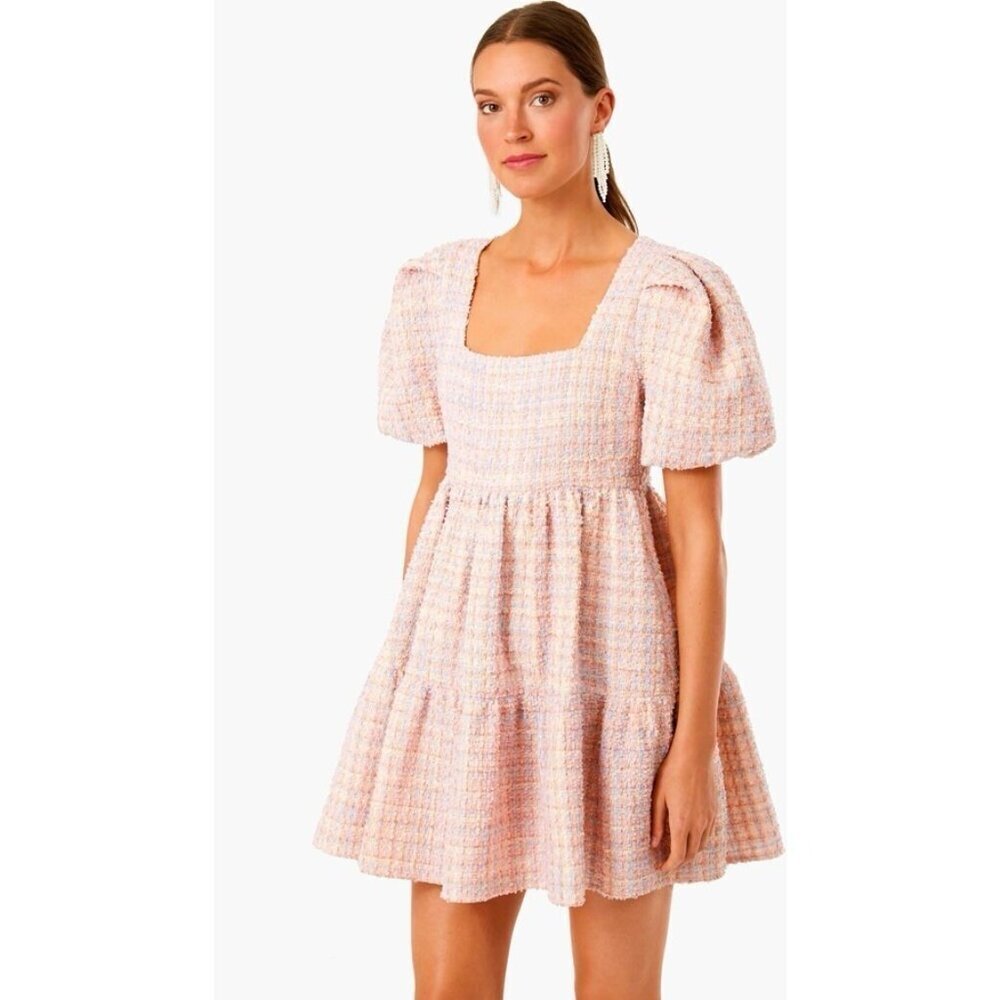 Hyacinth House Tuckernuck Size Small Pink Tweed Nora Mini Dress Tiers Milkmaid